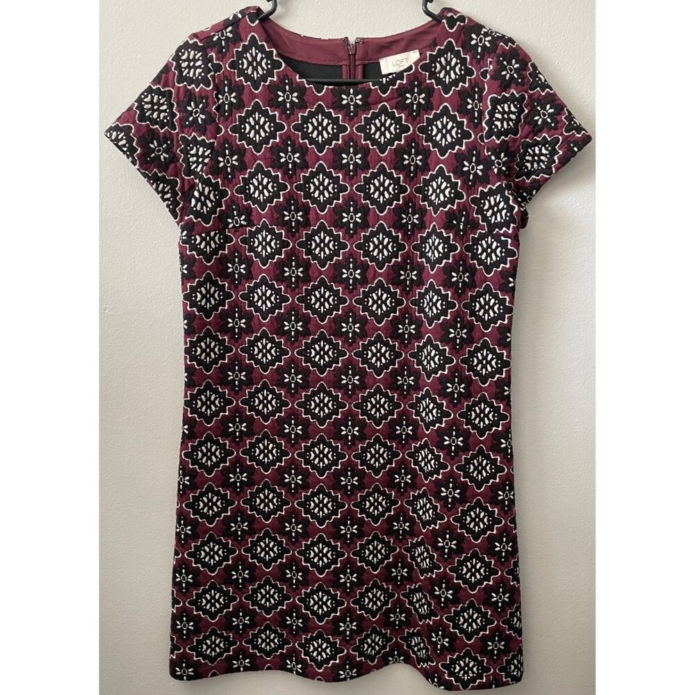Loft Dress Burgundy & Black Geometric Pattern Short Sleeve Size Sm